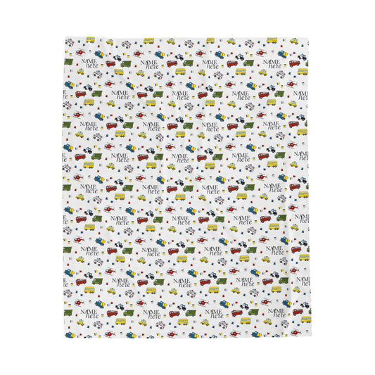 Personalized Kids Car Blanket Custom Name Velveteen Plush Throw with Trucks and Cars Holiday Gift